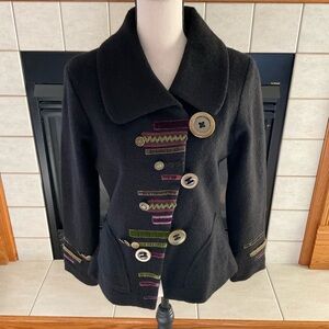 Carson Black Wool Jacket, Deco Buttons, Appliquéd Fabric, Women’s Sz S/P